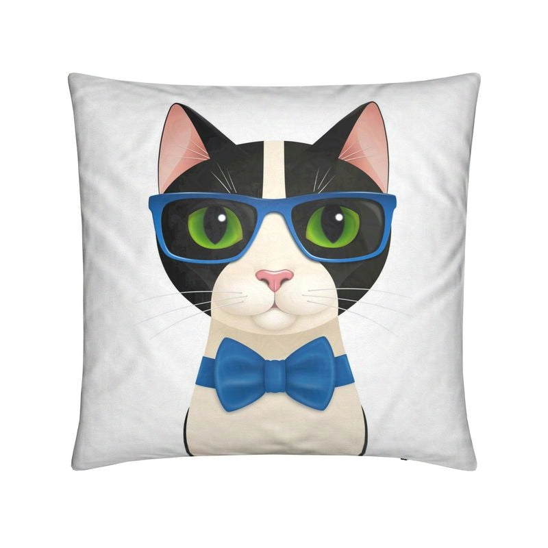 Square cushion with Mr Cat in blue glasses and bow tie, looking forward on a white background