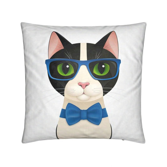 Square cushion with Mr Cat in blue glasses and bow tie, looking forward on a white background