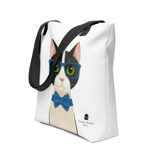 Tote bag featuring Mr Cat in blue glasses and a bow tie, viewed from a 3/4 angle on a white background