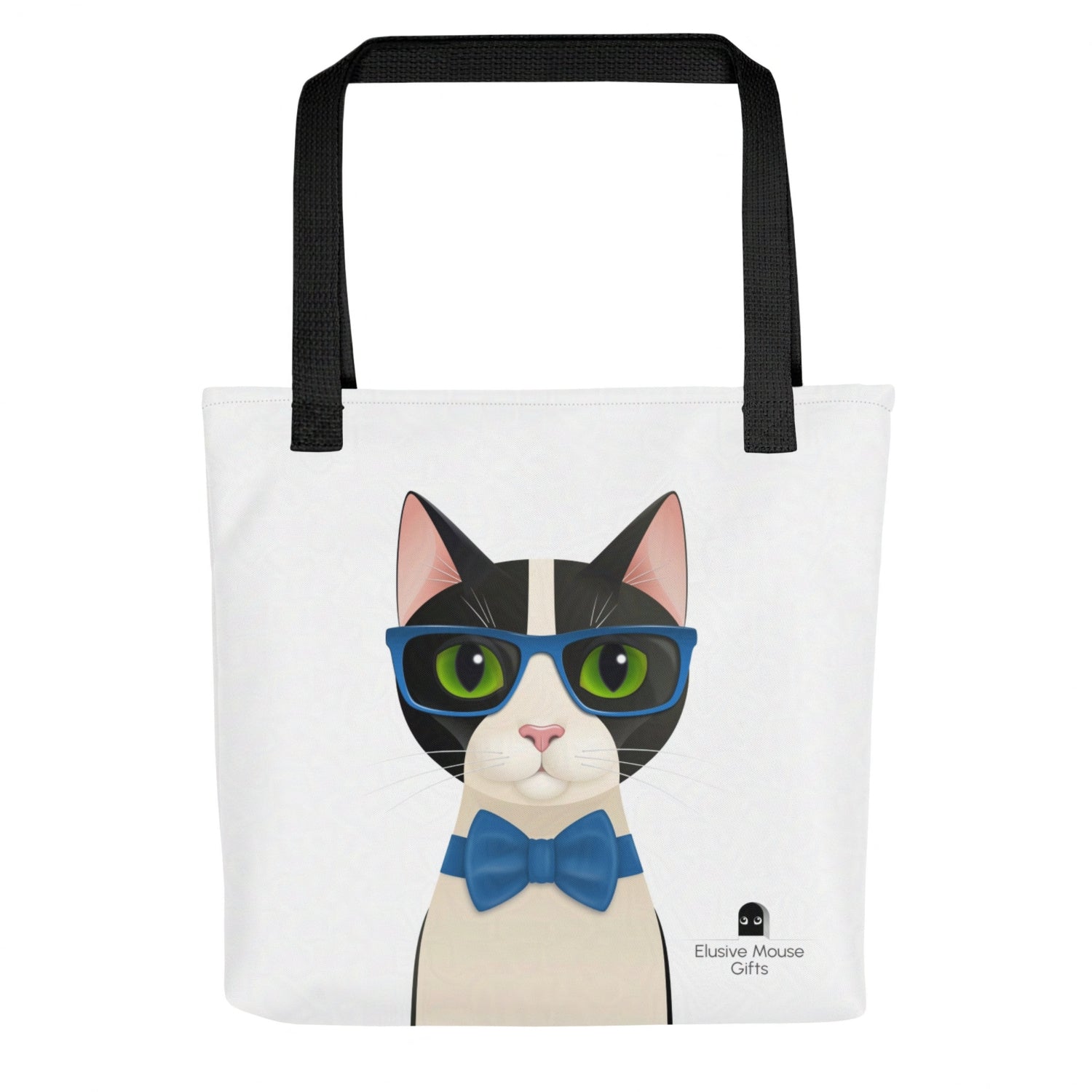 Front view of tote bag with Mr Cat looking straight ahead in glasses and bow tie, set against a white background