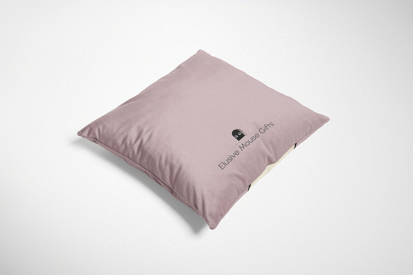Pink cushion back with 'Elusive Mouse Gifts' branding on a white background
