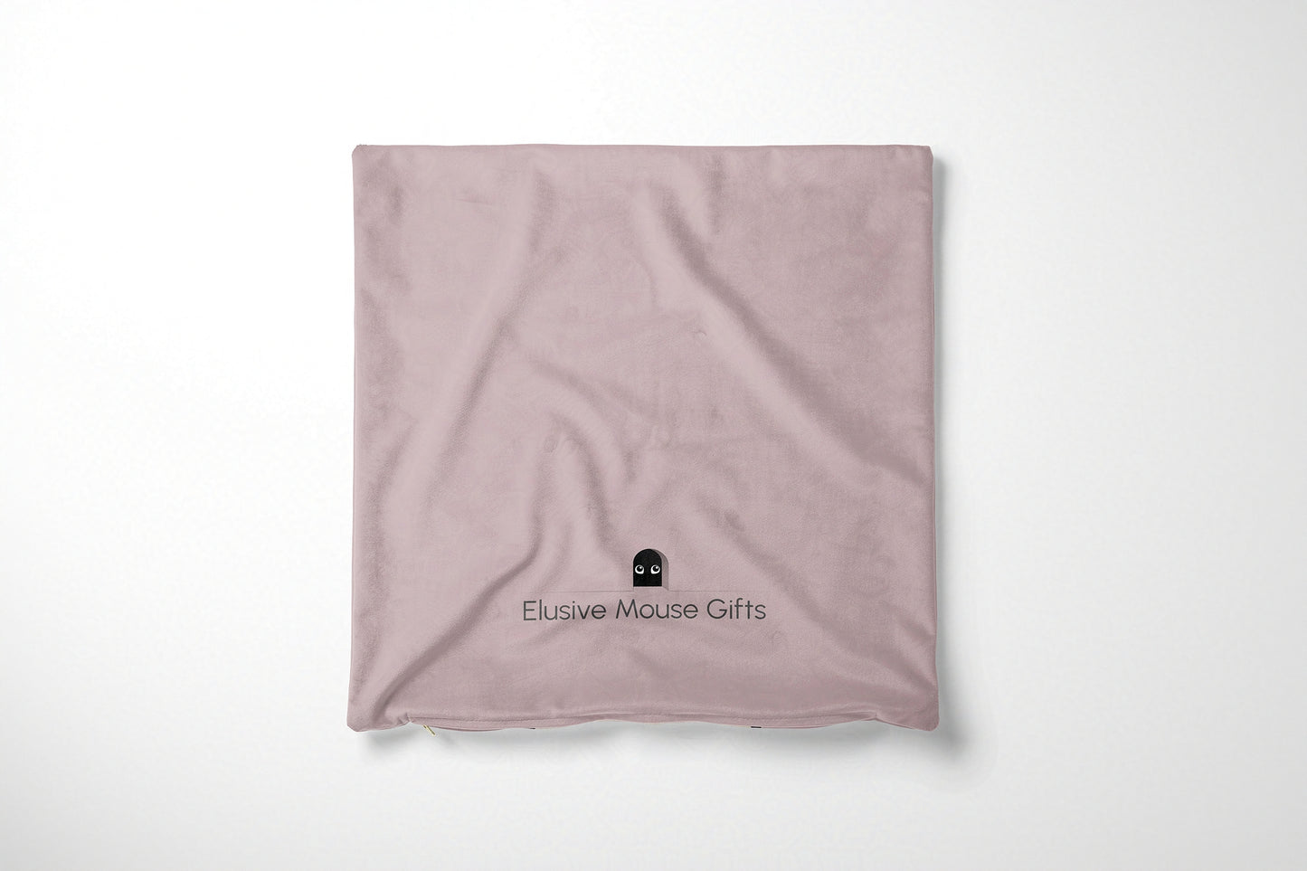 Pink cushion cover with a logo on a white background