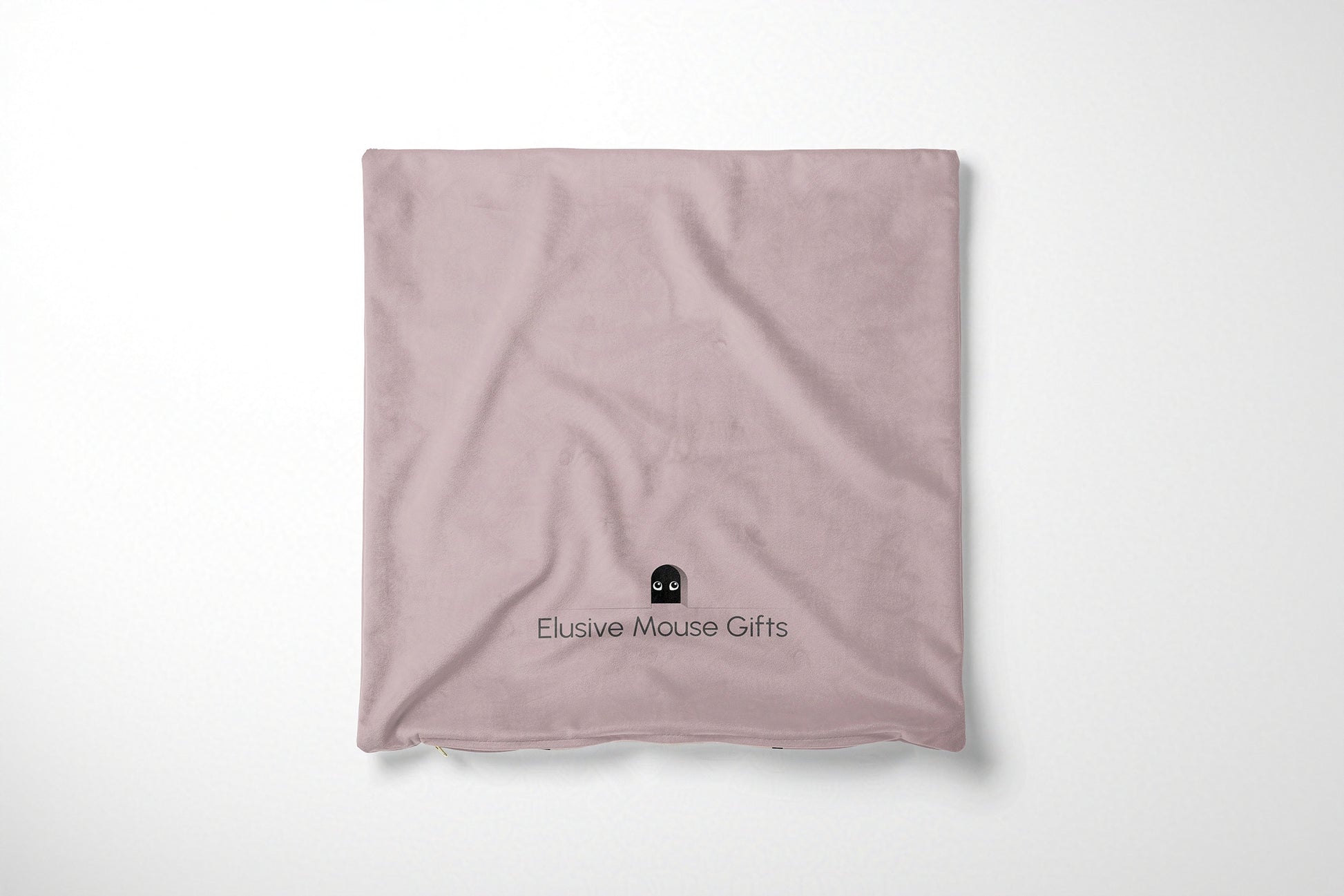 Pink cushion cover with a logo on a white background