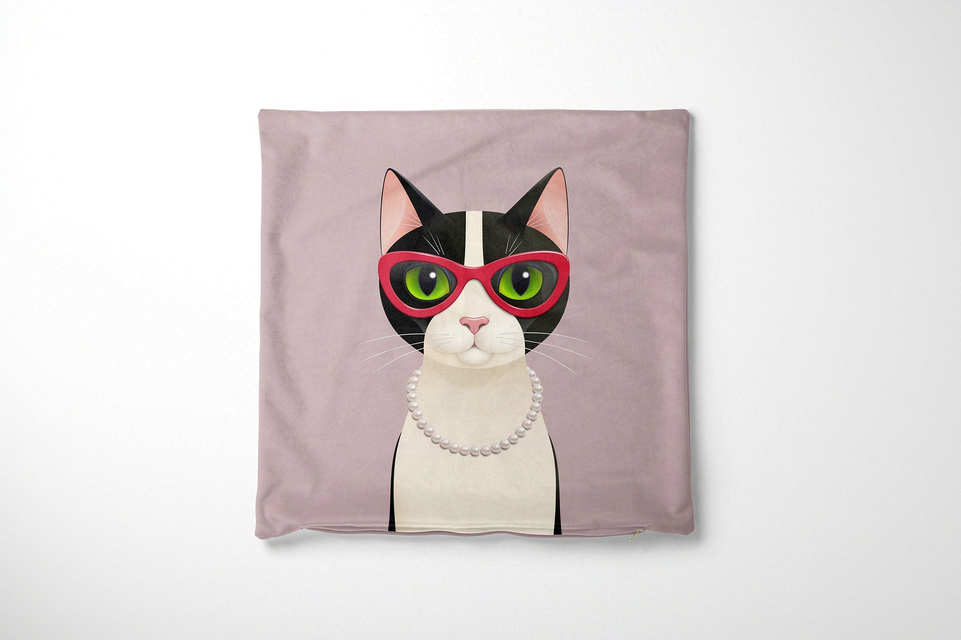 Cushion cover with a cat design wearing sunglasses on a light pink background