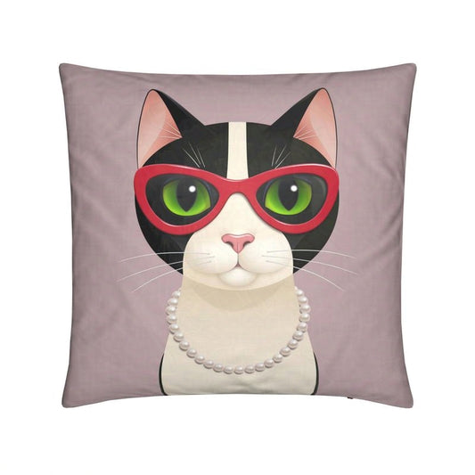 Cushion with Mrs Cat wearing cat eye glasses and pearls, facing forward against a pink background