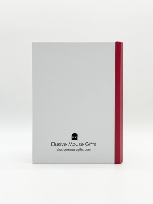 White notebook with red binding on a white background, featuring 'Elusive Mouse Gifts' branding.