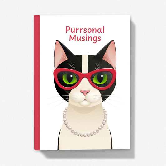 5x7 inch journal featuring Mrs Cat with pearls and glasses, shown under the text ‘Purrsonal Musings’ on a white background