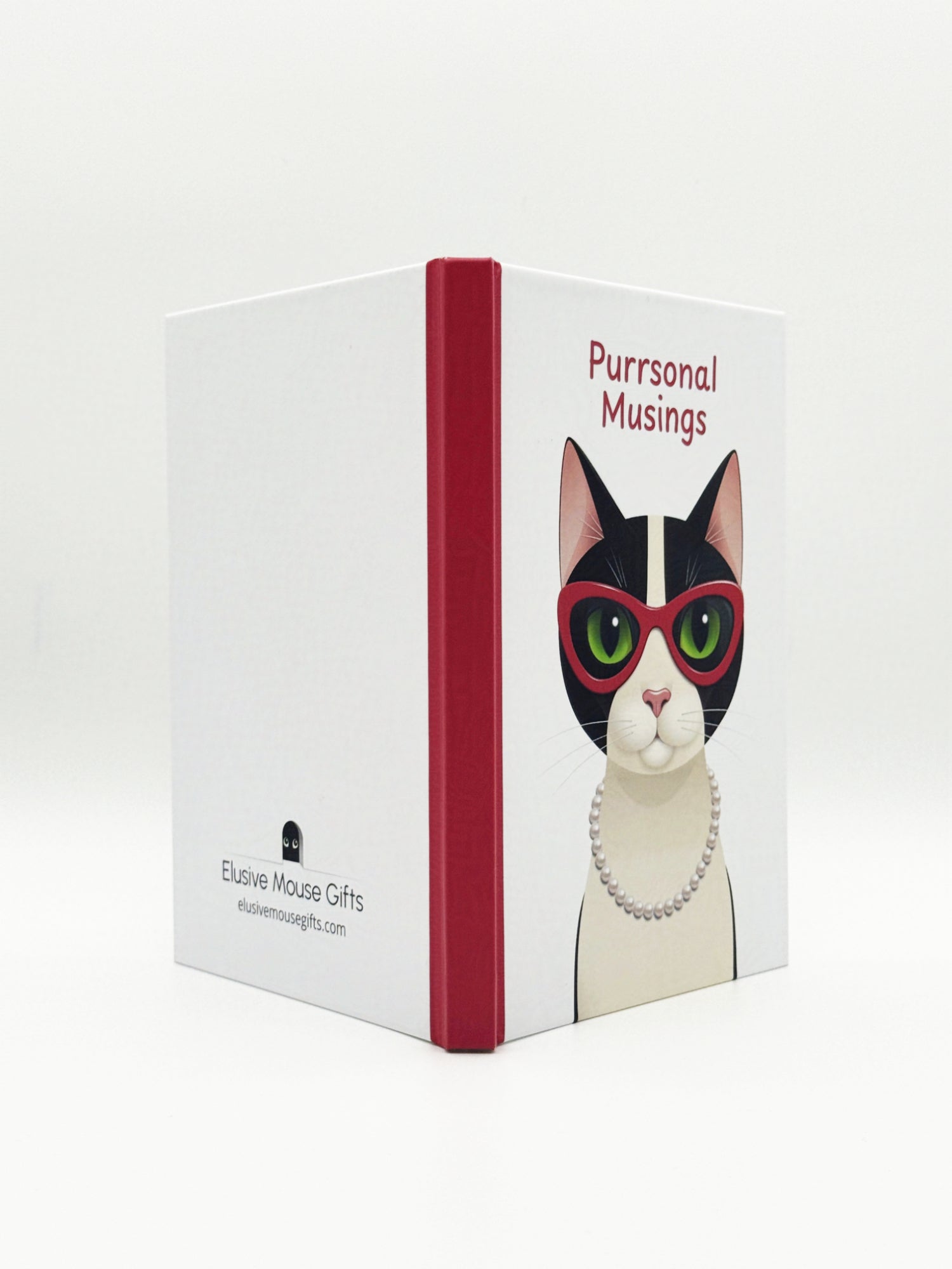 Notebook with an illustration of a cat wearing glasses and a necklace and 'Purrsonal Musings' text on a white background