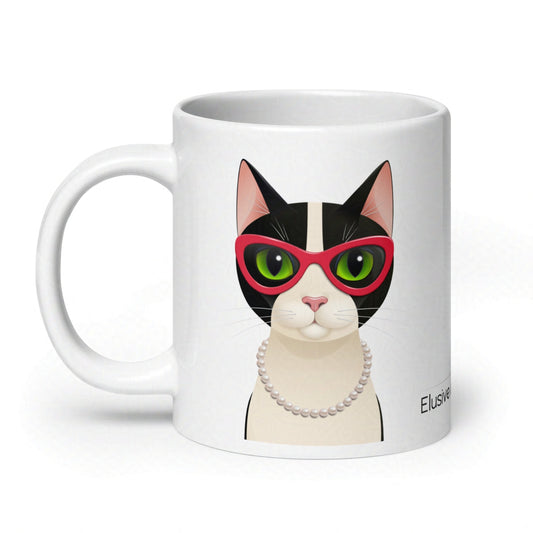 20oz ceramic mug with Mrs Cat wearing red cat eye glasses and a string of pearls, centered on a white background