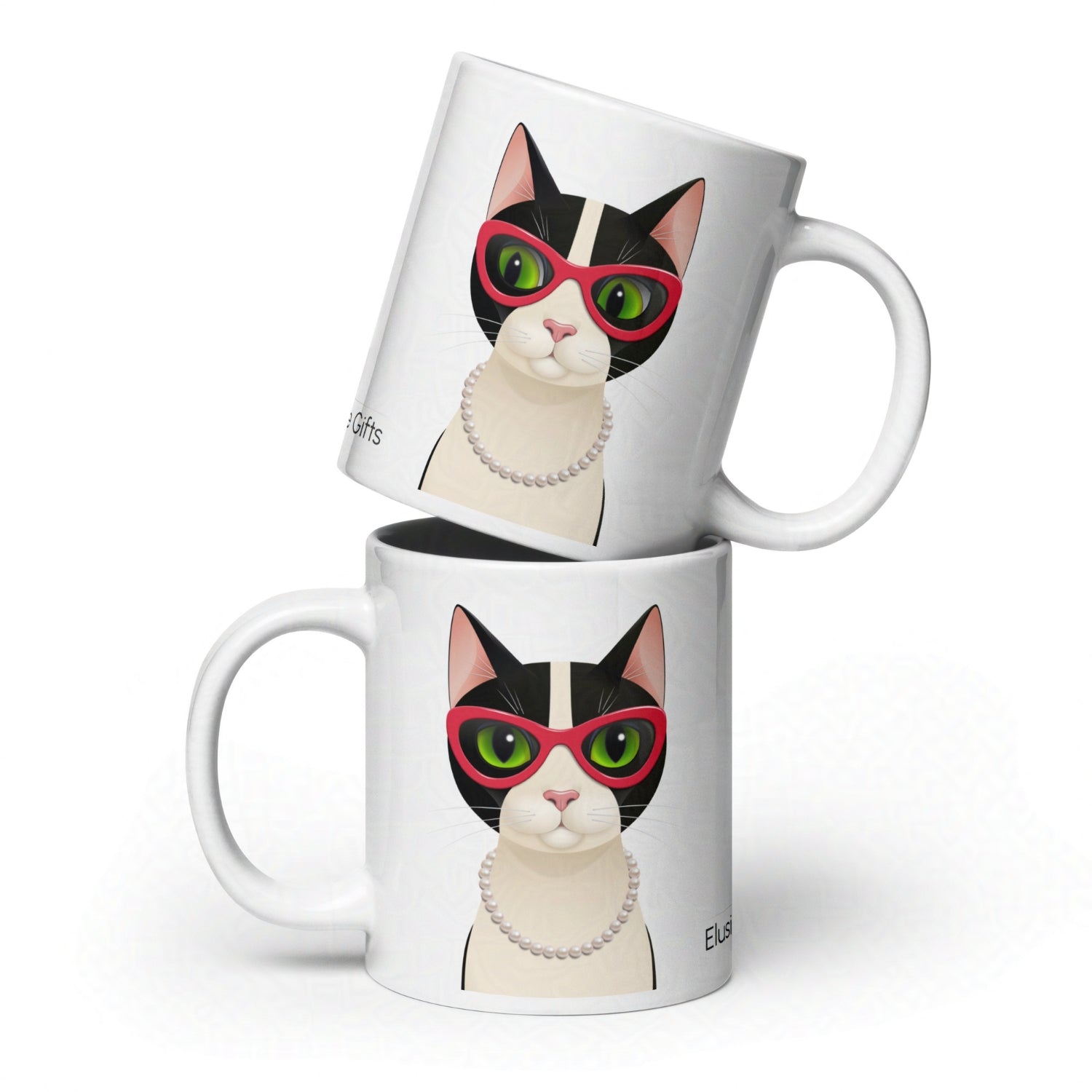 Two 20oz Mrs Cat mugs stacked neatly, displaying the elegant character design and glossy ceramic finish