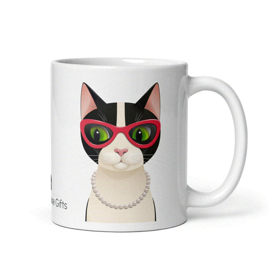 Back of the Mrs Cat 11oz mug showing the handle and continuation of the feline design on a clean white backdrop