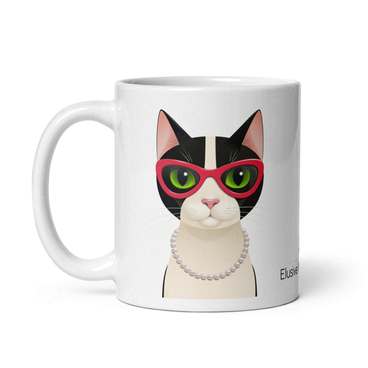 11oz ceramic mug with Mrs Cat wearing red cat eye glasses and a string of pearls, centered on a white background