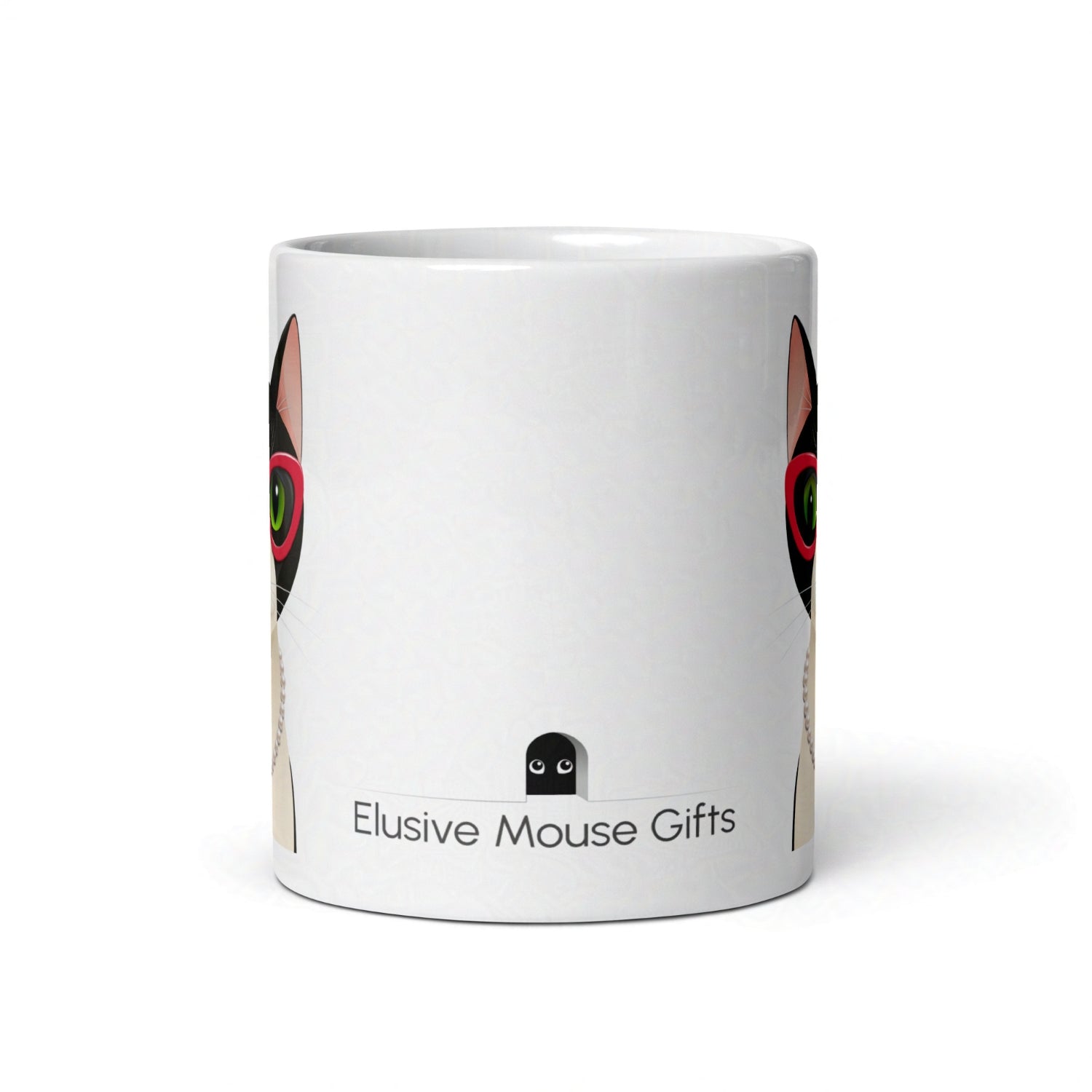 Side view of Mrs Cat 11oz mug showing a small mouse nervously peeking from a mousehole toward the cat on the back