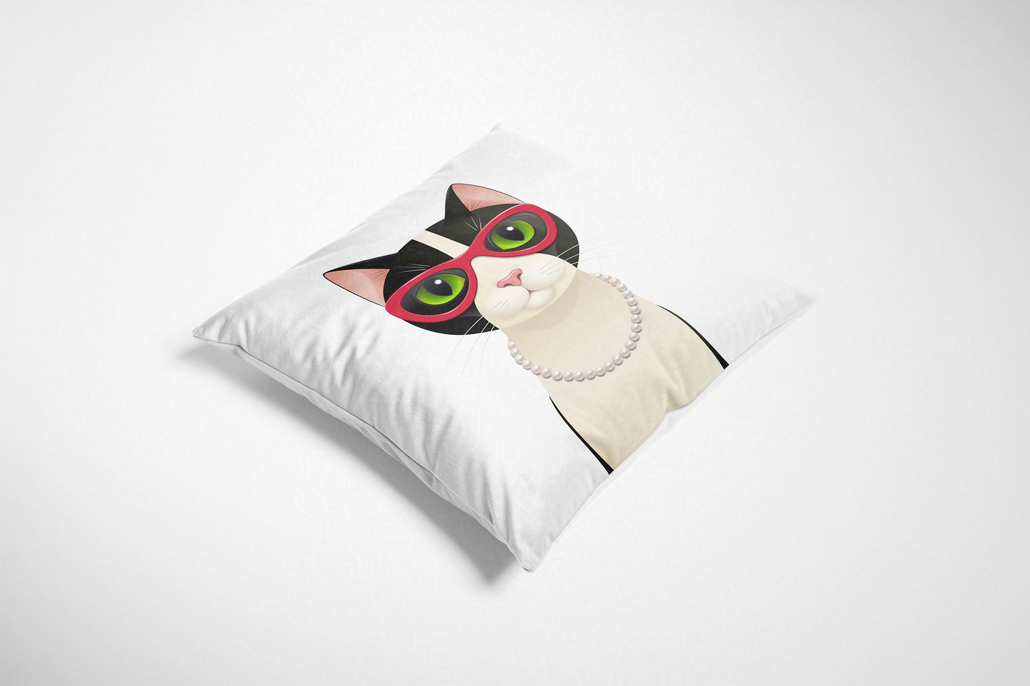 Decorative cushion with a cat design wearing glasses on a white background