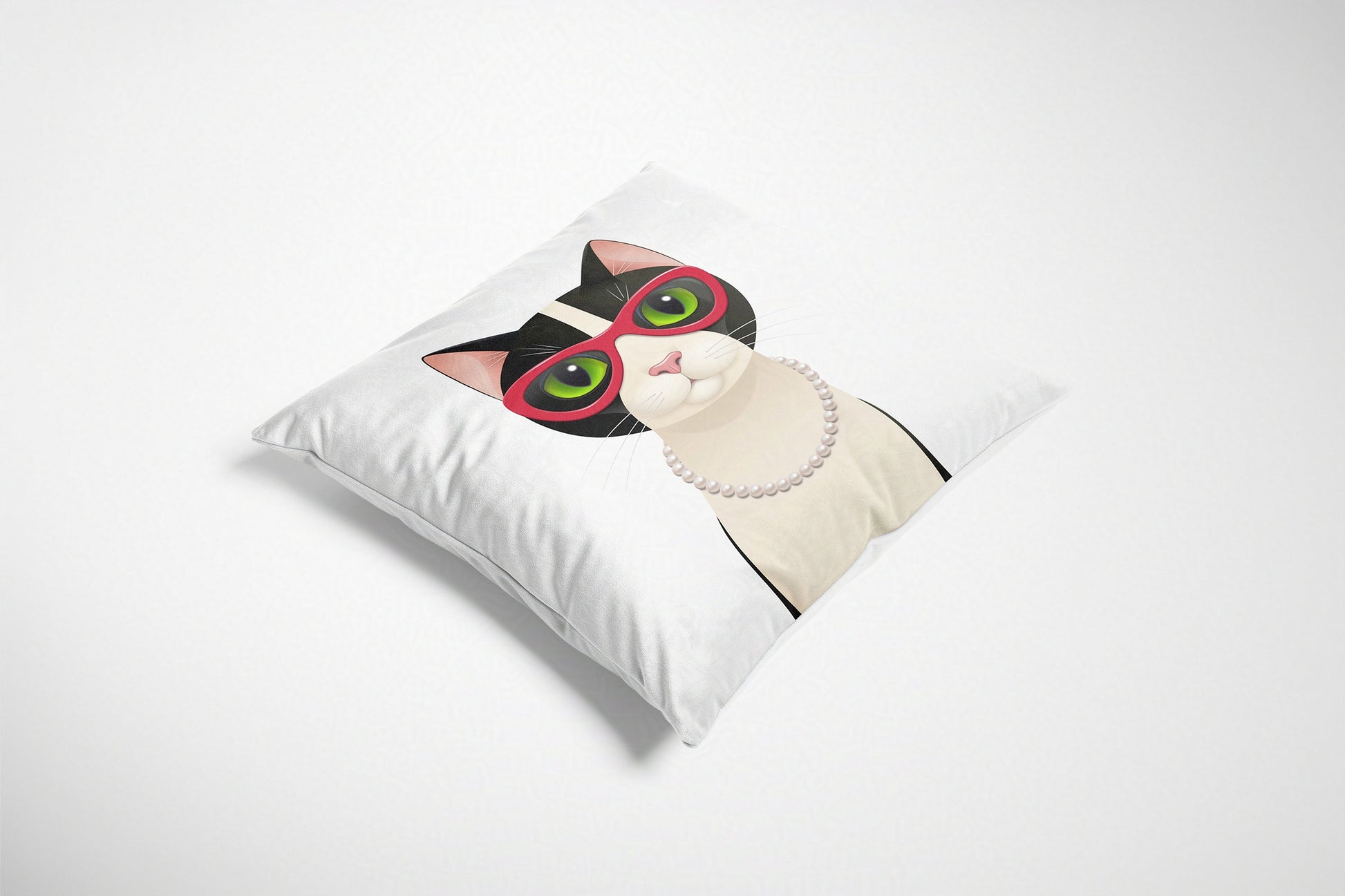 Decorative cushion with a cat design wearing glasses on a white background