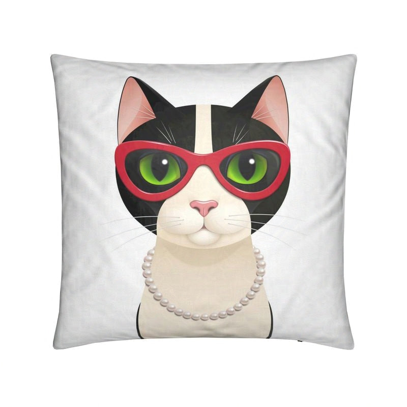 Cushion with Mrs Cat wearing cat eye glasses and pearls, facing forward against a white background