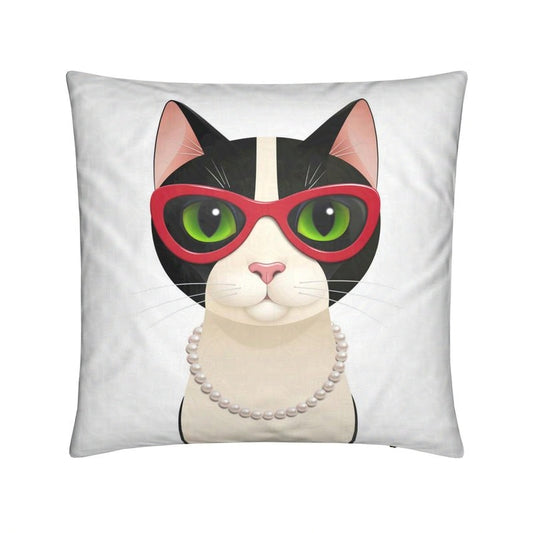 Cushion with Mrs Cat wearing cat eye glasses and pearls, facing forward against a white background