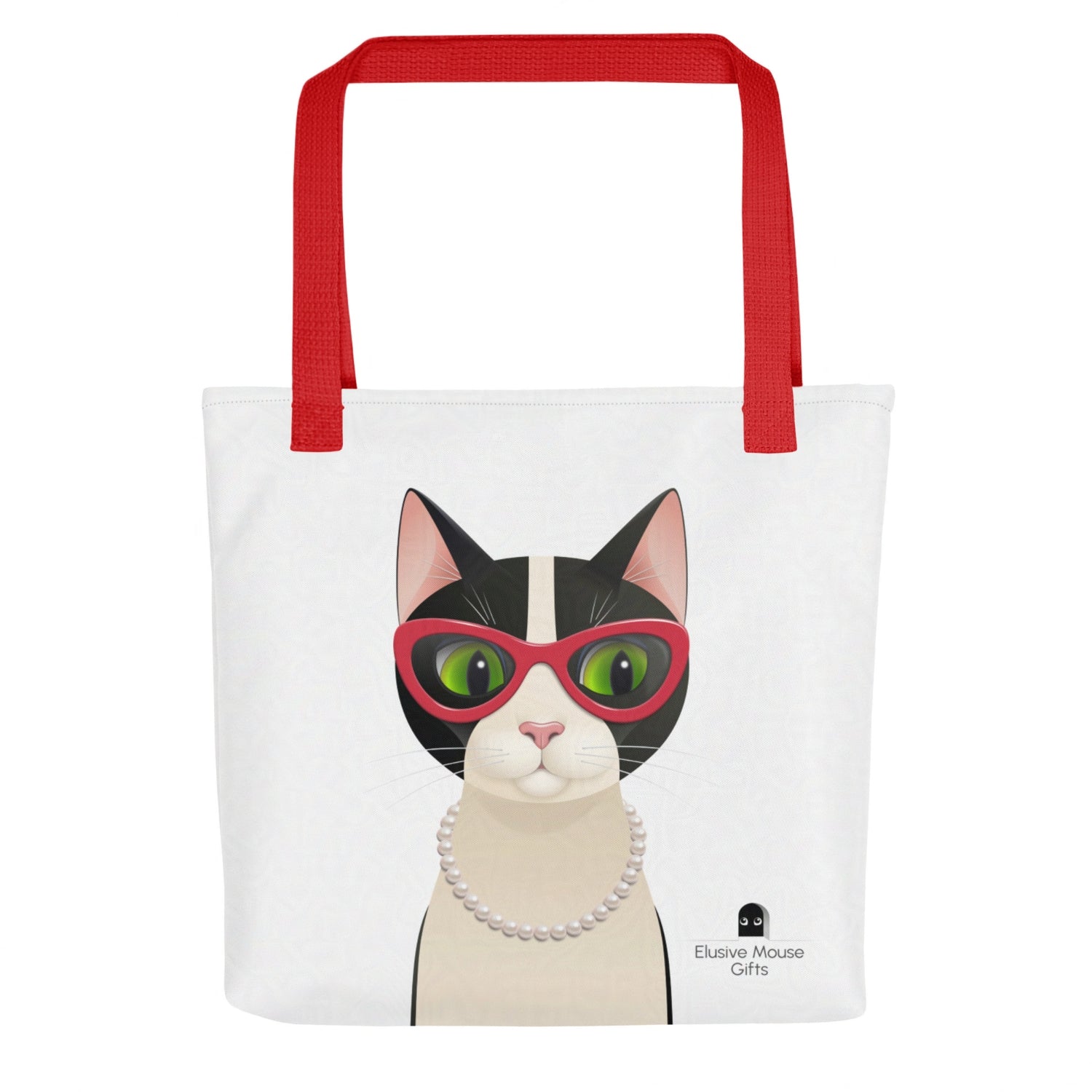 Back of Mrs Cat tote bag showing the cat looking over her shoulder toward a mouse in a mousehole, on a white background