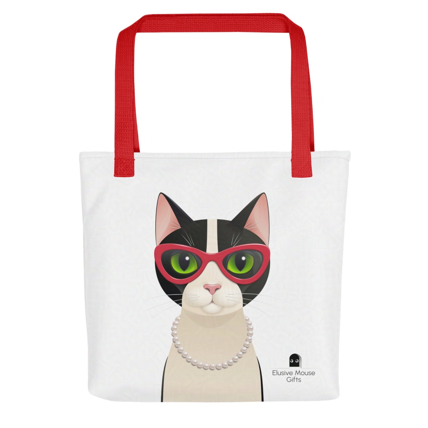 Front-facing view of Mrs Cat on a tote bag, with pearls and glasses, set against a white background