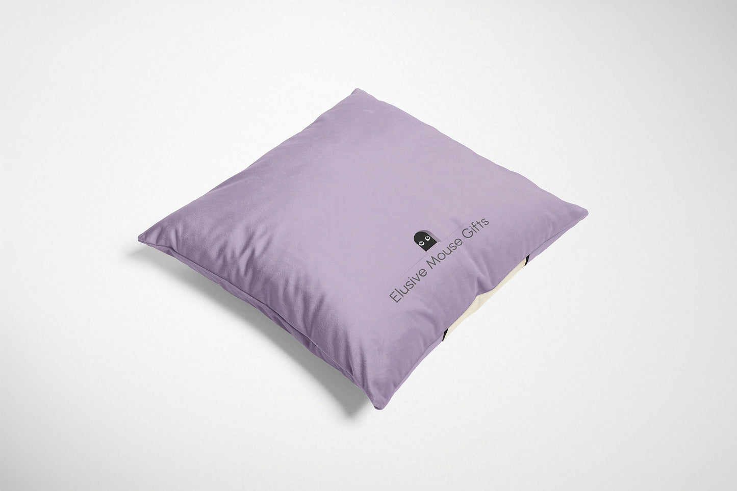 Purple cushion with 'Elusive Mouse Gifts' branding on a white background