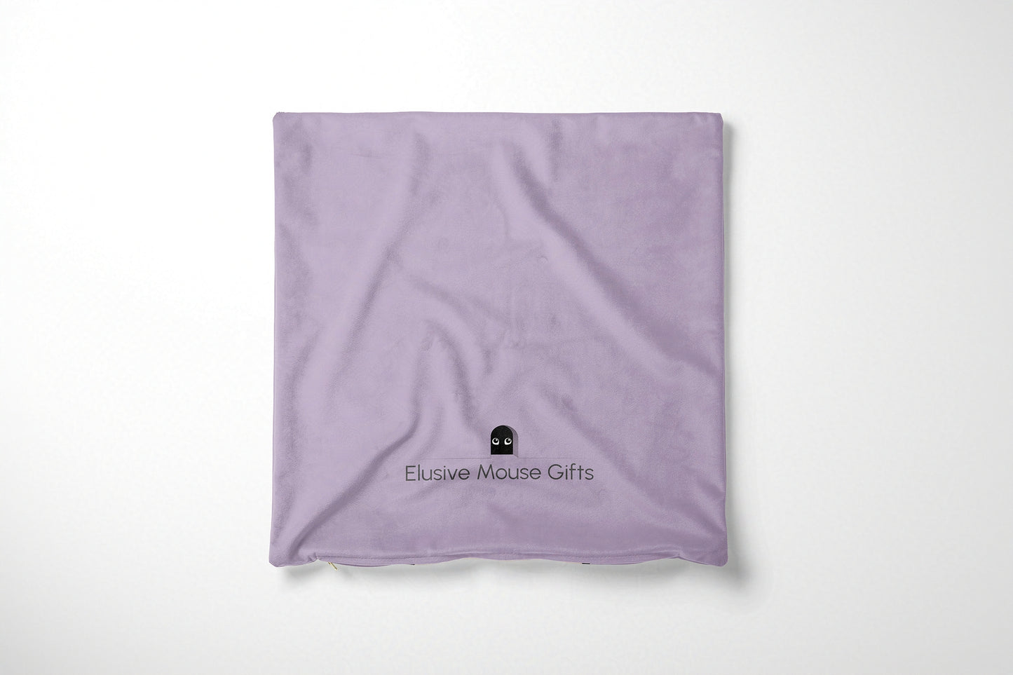 Purple cushion cover with a logo on a white background