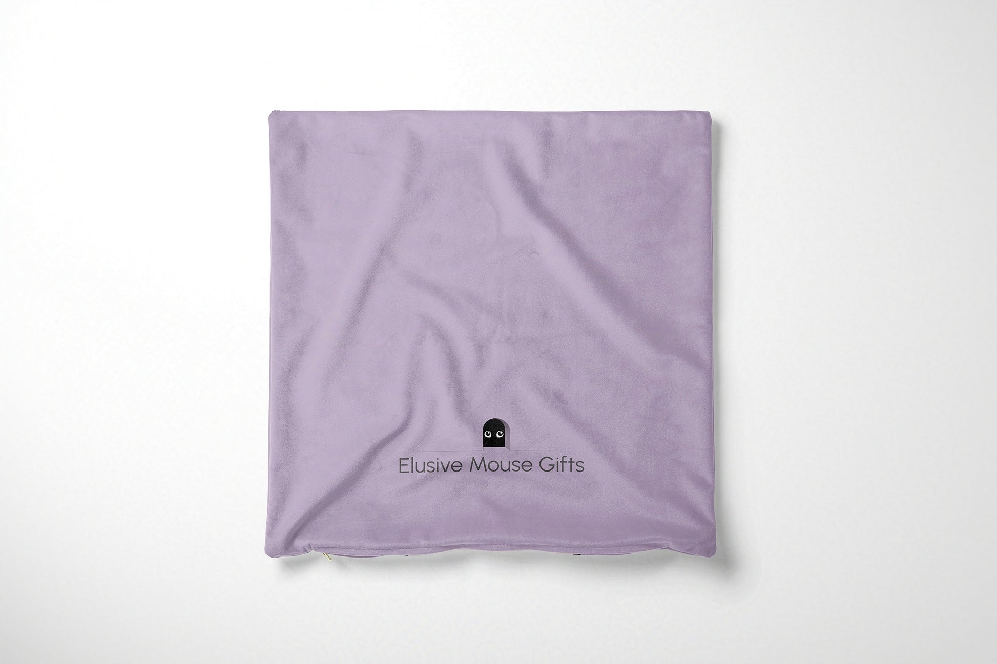 Purple cushion cover with a logo on a white background