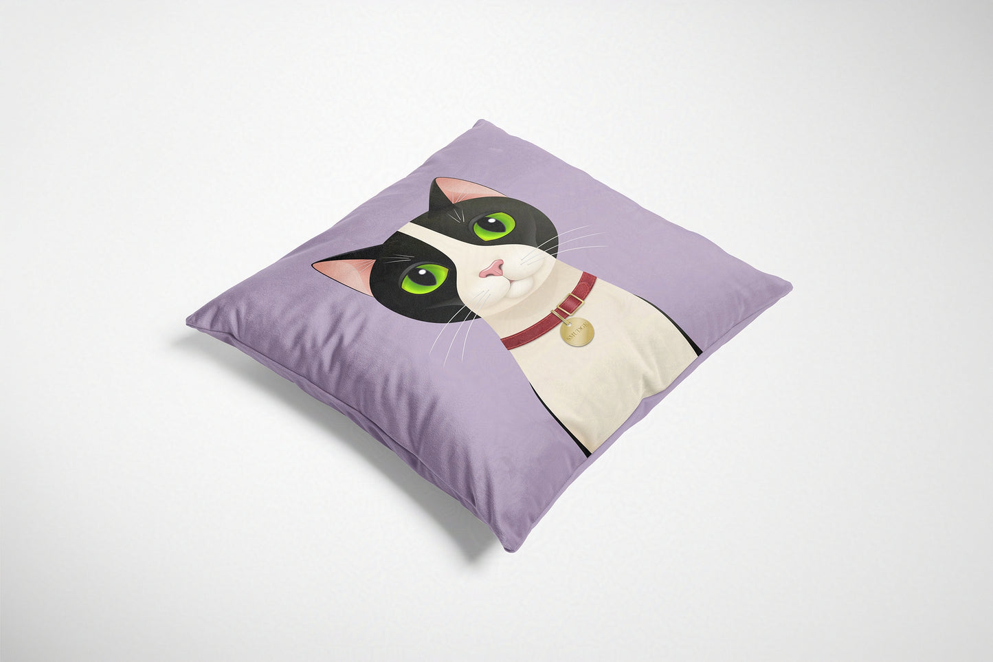 Purple cushion with a cat design on a white background
