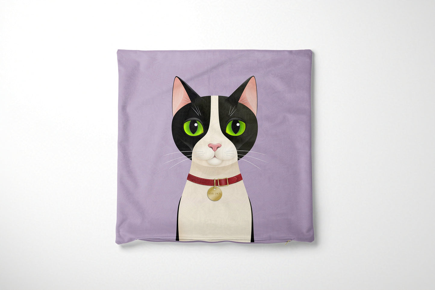 Purple cushion cover with a cartoon cat design on a white background