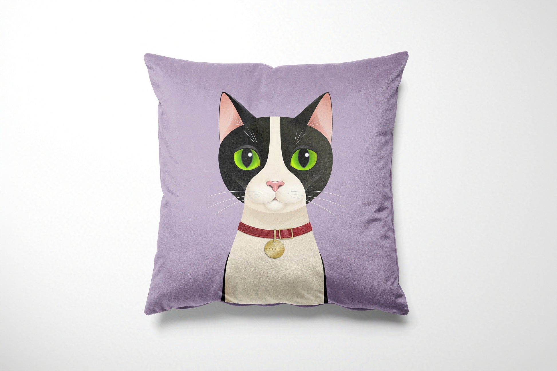 Lavender cushion with a cat illustration on a white background
