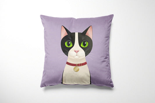 Lavender cushion with a cat illustration on a white background