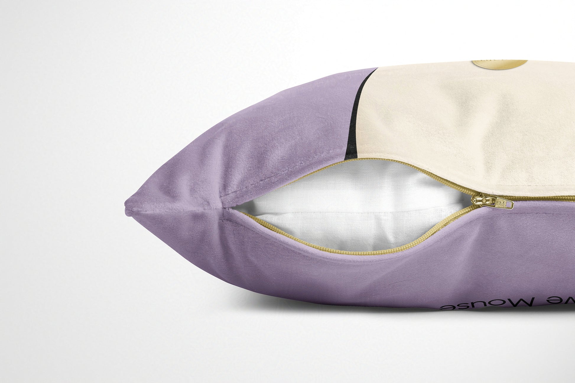 Pink coloured cushion with gold zipper on a white background