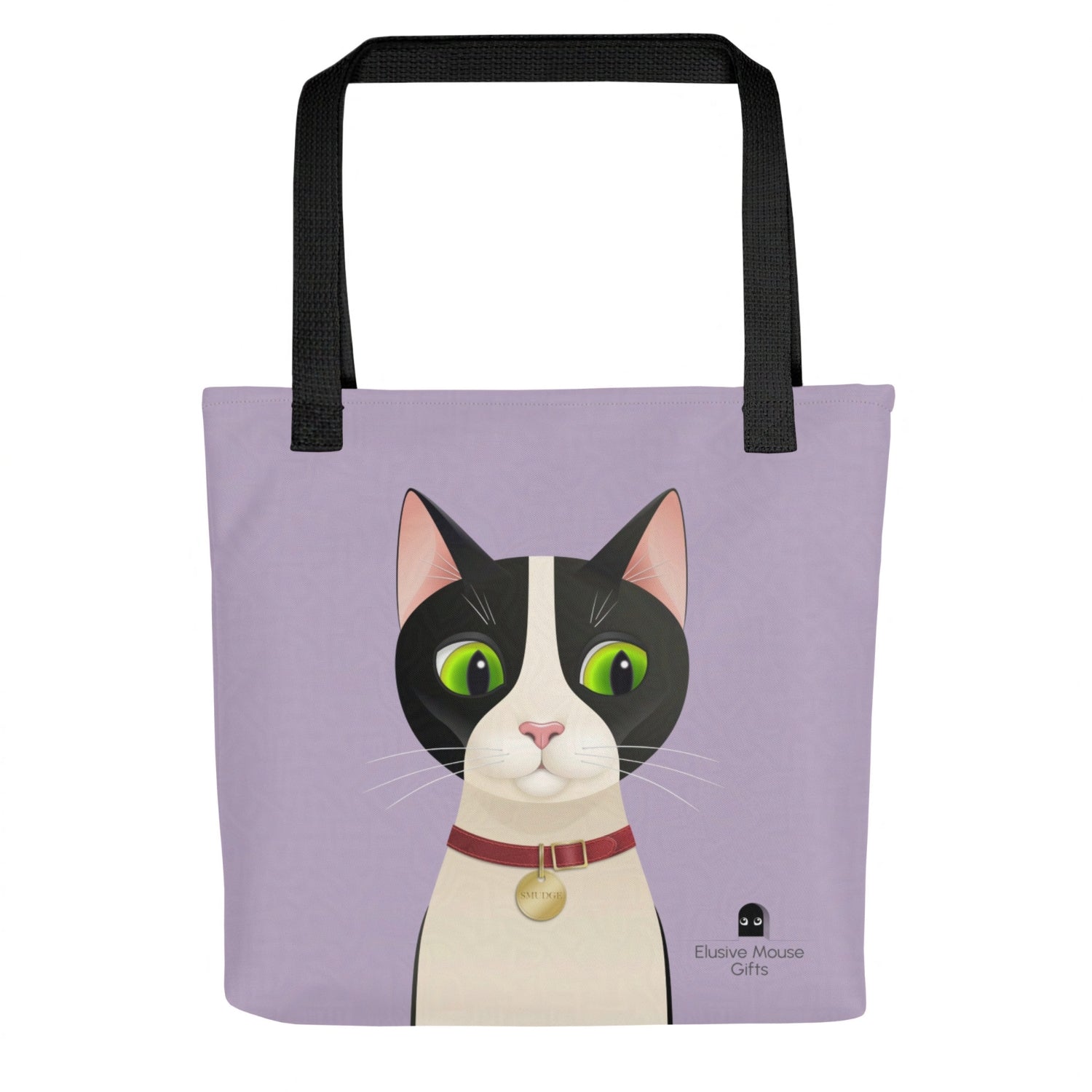 Back of tote bag featuring Smudge looking down to the side at a mouse peeking nervously from a mousehole, against a lavender background