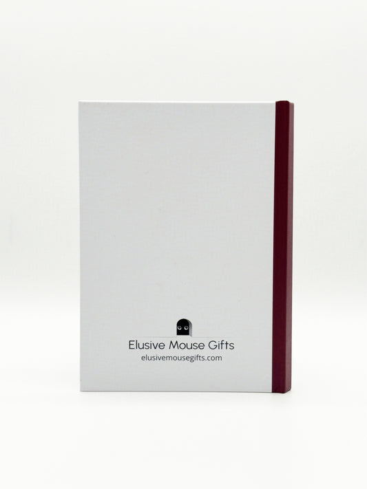White notebook with a burgundy spine and 'Elusive Mouse Gifts' branding on a white background