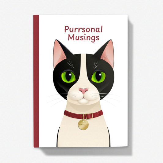5x7 inch journal featuring Smudge the tuxedo cat with a red collar, facing forward with the title ‘Purrsonal Musings’ on a white background