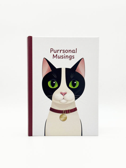 Notebook with a cat illustration and 'Purrsonal Musings' text on a white background