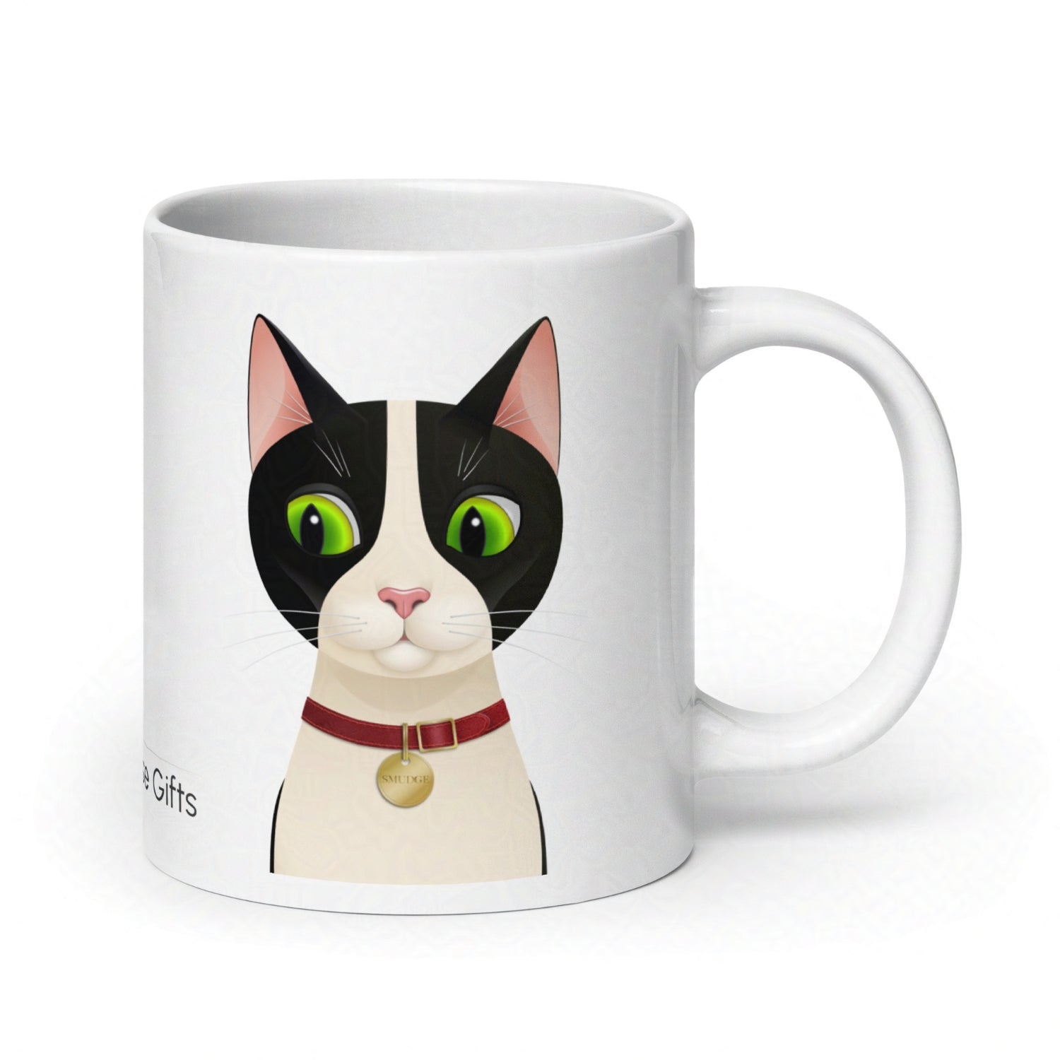 Back of 20oz white mug showing handle placement and rear view of Smudge the tuxedo cat design