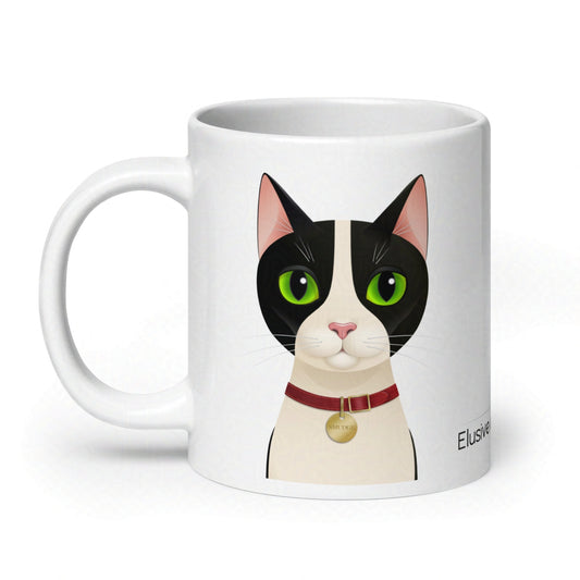 20oz white ceramic mug with Smudge the tuxedo cat facing forward, wearing a white collar, on plain white background
