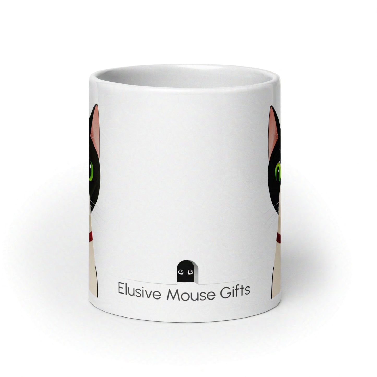 Side view of Alfred 20oz mug showing a small mouse nervously peeking from a mousehole toward the cat on the back