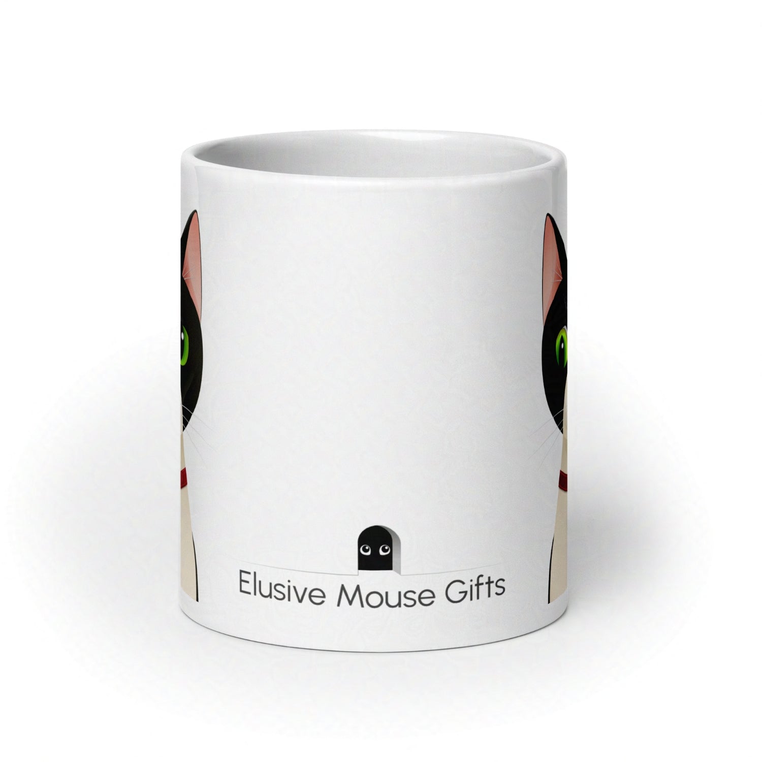 Side view of Alfred 20oz mug showing a small mouse nervously peeking from a mousehole toward the cat on the back