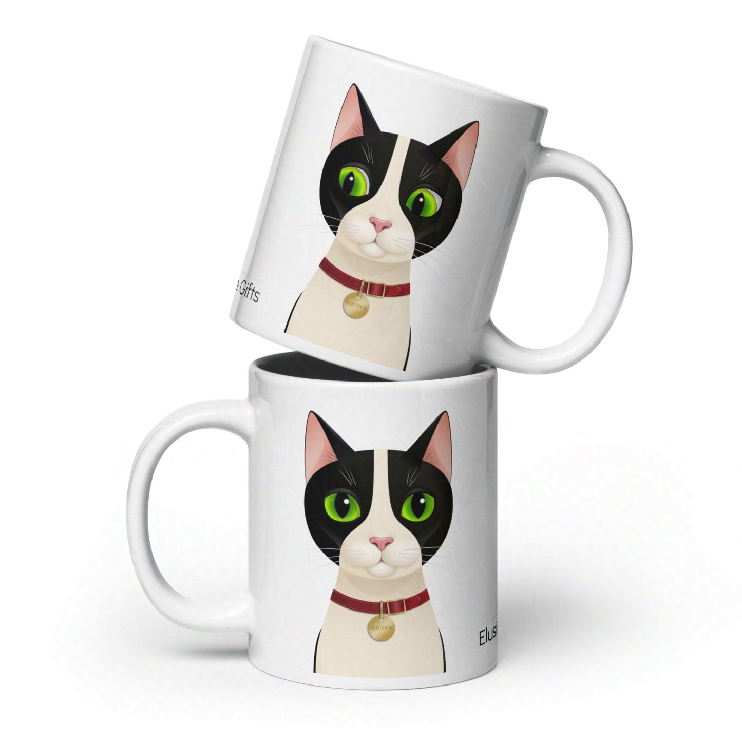 Two 20oz Smudge mugs stacked, showcasing the cat design and glossy white ceramic finish against white background.