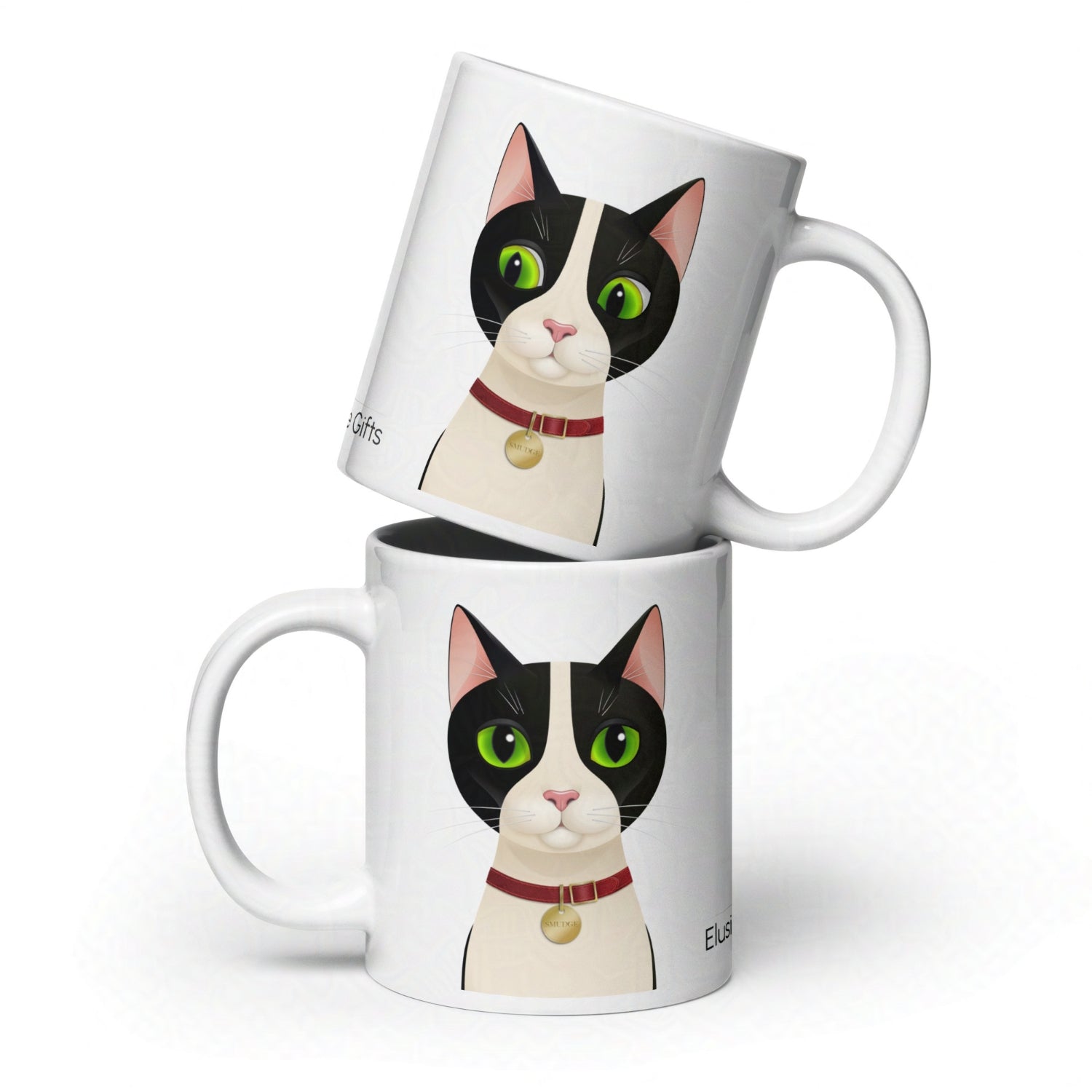 Two 20oz Smudge mugs stacked, showcasing the cat design and glossy white ceramic finish against white background.