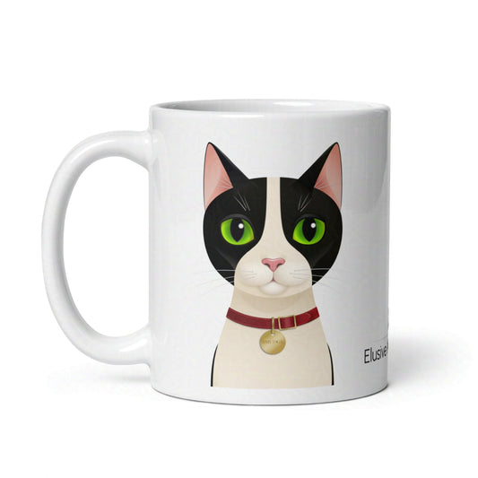 11oz white ceramic mug with Smudge the tuxedo cat facing forward, wearing a white collar, on plain white background