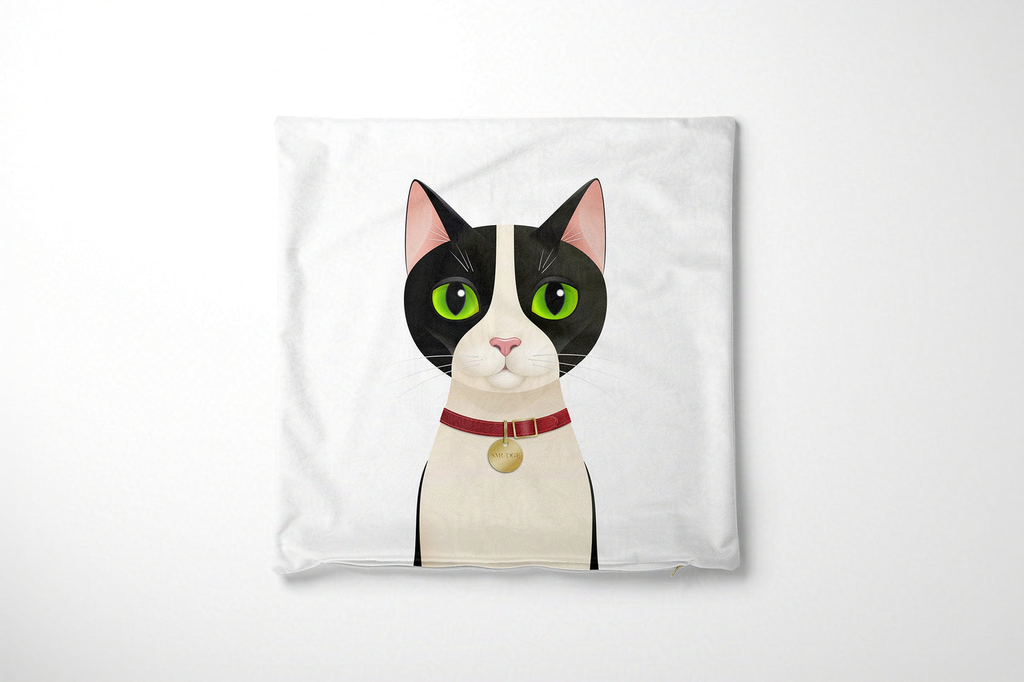 Cushion cover with a black and white cat illustration on a white background