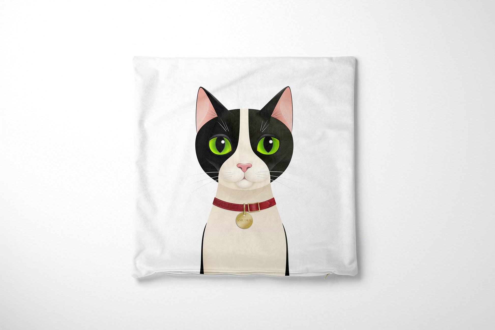 Cushion cover with a black and white cat illustration on a white background