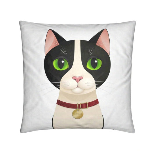 Square cushion featuring Smudge the tuxedo cat with green eyes and red collar, facing forward against a white background
