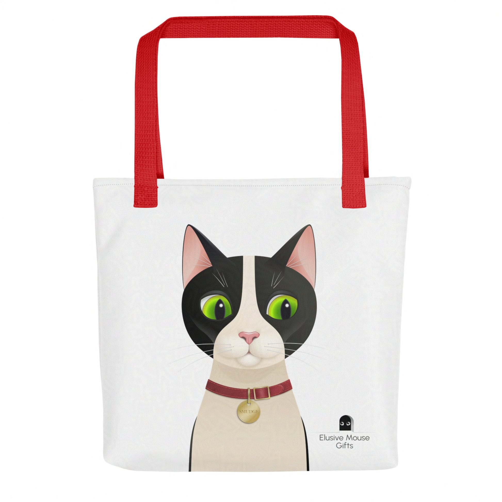Back of tote bag featuring Smudge looking down to the side at a mouse peeking nervously from a mousehole, against a white background.