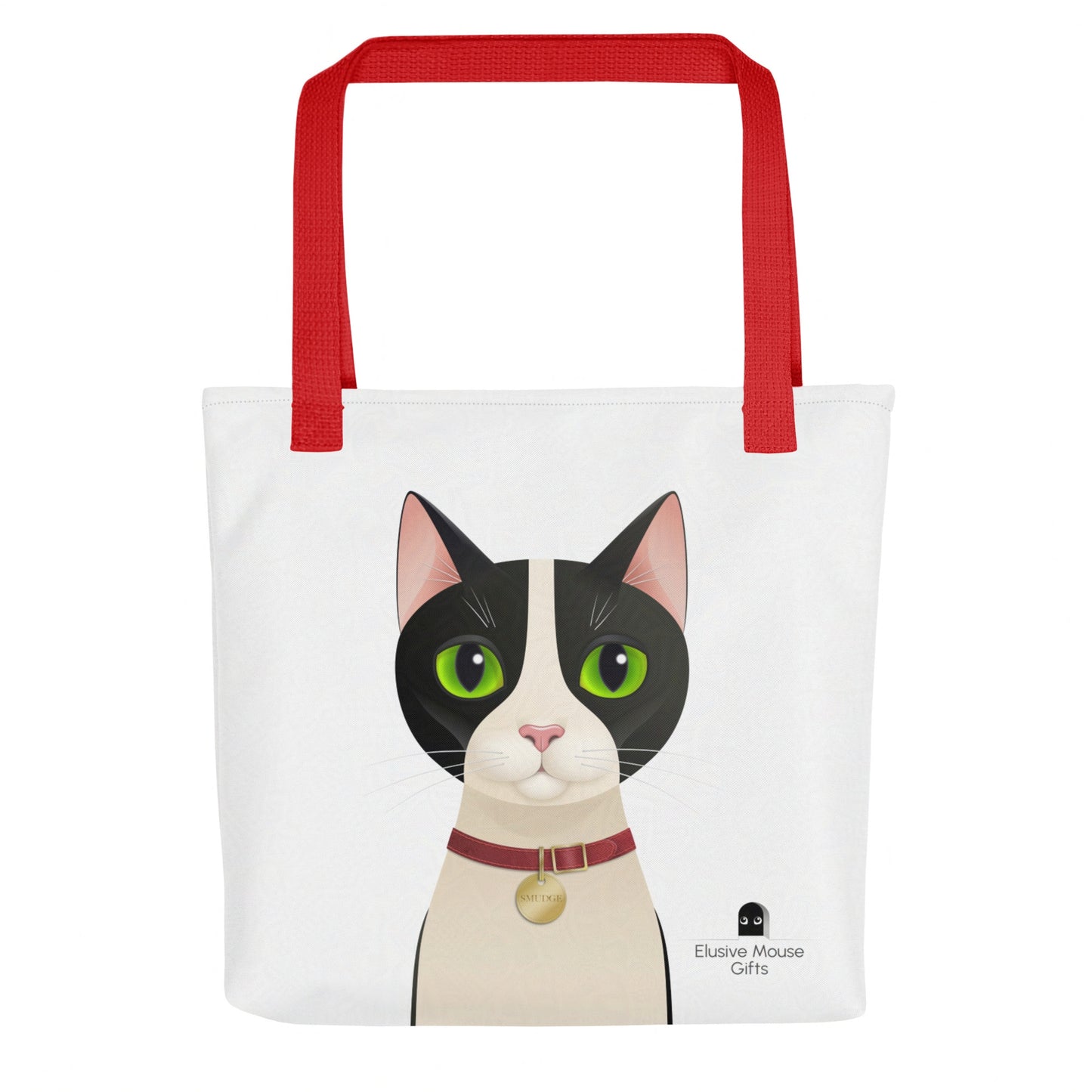 Front-facing tote bag with Smudge the tuxedo cat looking directly ahead, against a white background